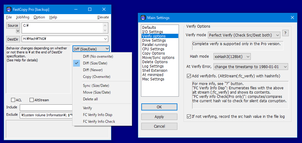 FastCopy main interface showing source, destination, and copy mode options