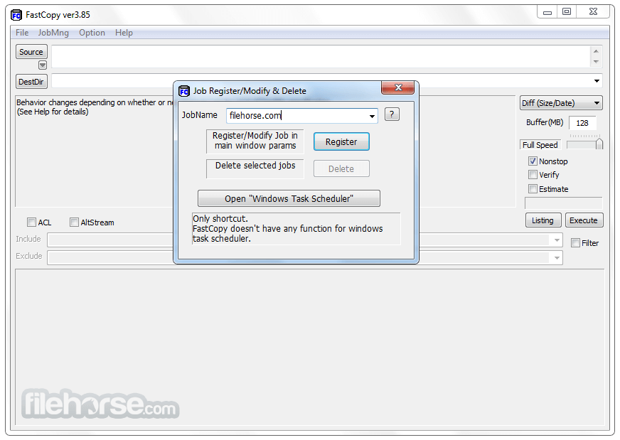 FastCopy settings panel with buffer size and I/O options