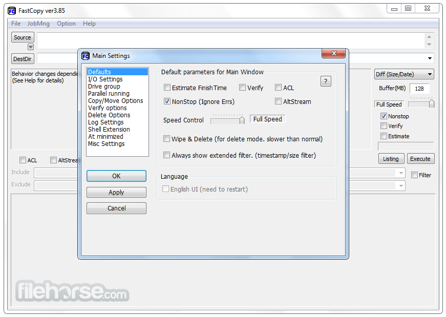 FastCopy filter settings for include and exclude file patterns
