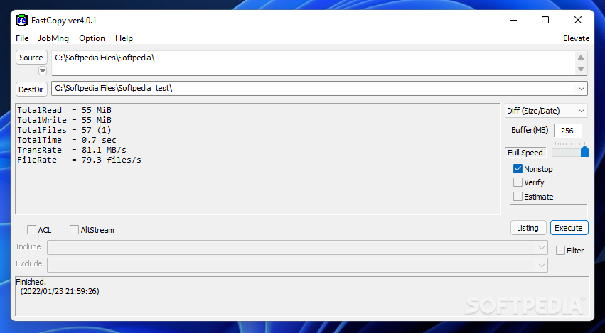FastCopy interface showing file copy operation with source and destination fields