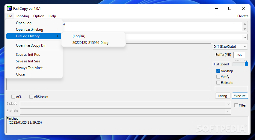 FastCopy advanced settings and configuration options for buffer and I/O tuning