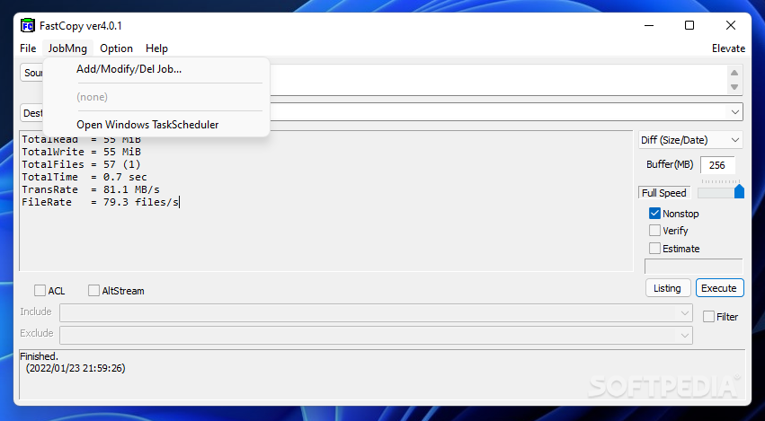 FastCopy file transfer progress with speed statistics and completion details